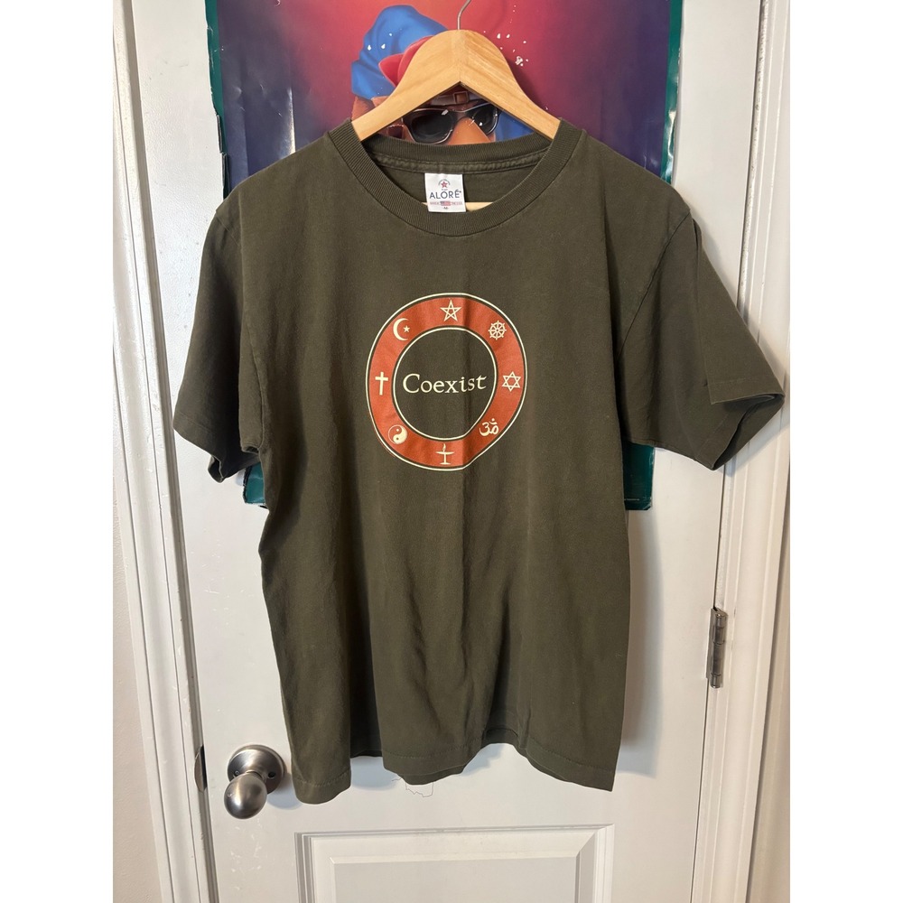 Vintage Alore Coexist Graphic T-Shirt Made in USA Olive Green Brown Mens Medium